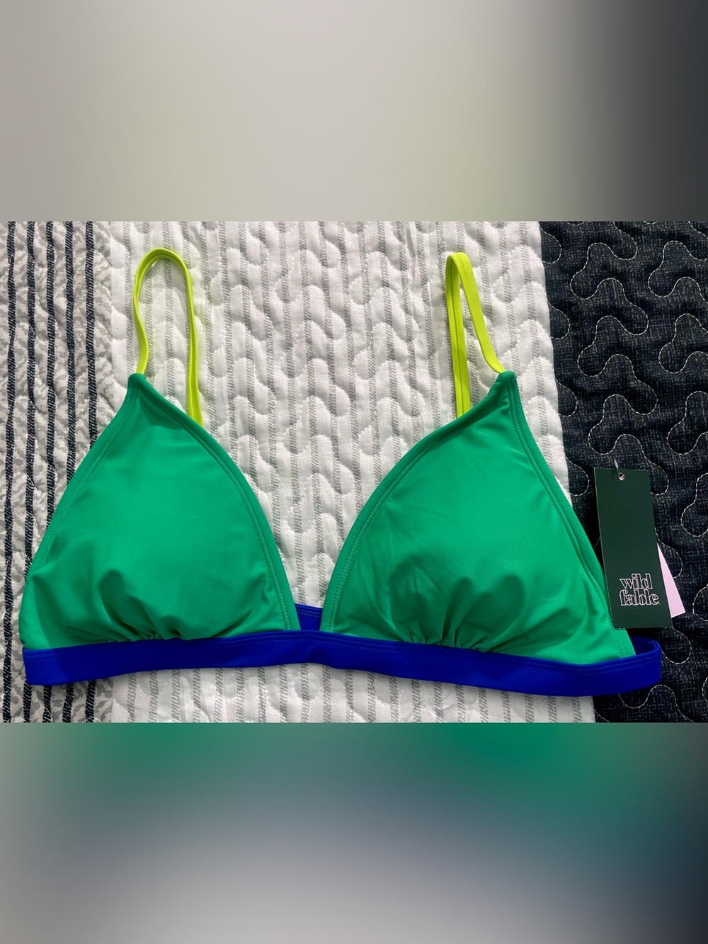 Wild Fable ~  Green Bikini Top with Blue Band and Yellow Straps NWT - L